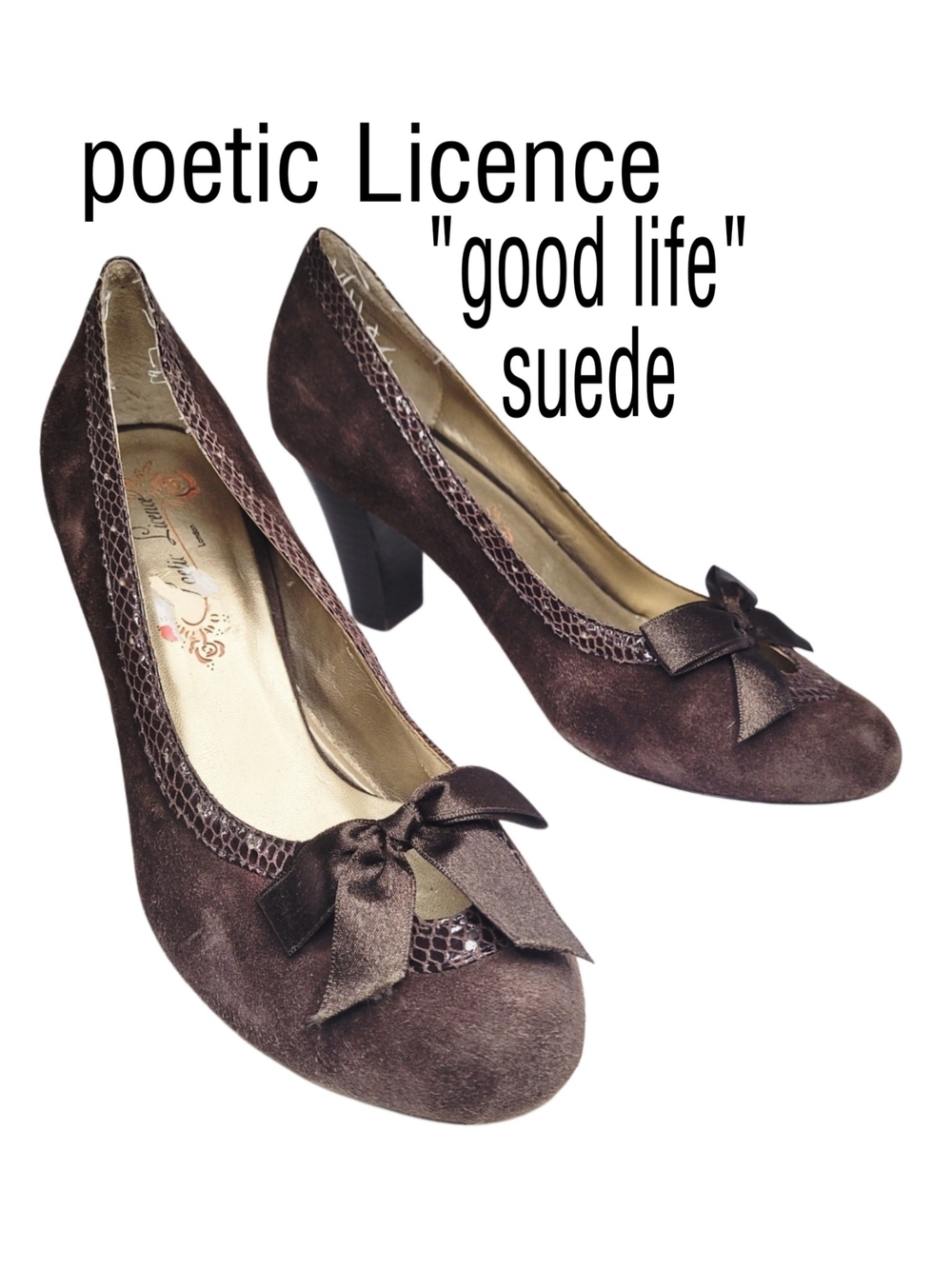 Rare Poetic License 'Good Life' Brown Suede Bow Reptile Accent Block Heel Pump